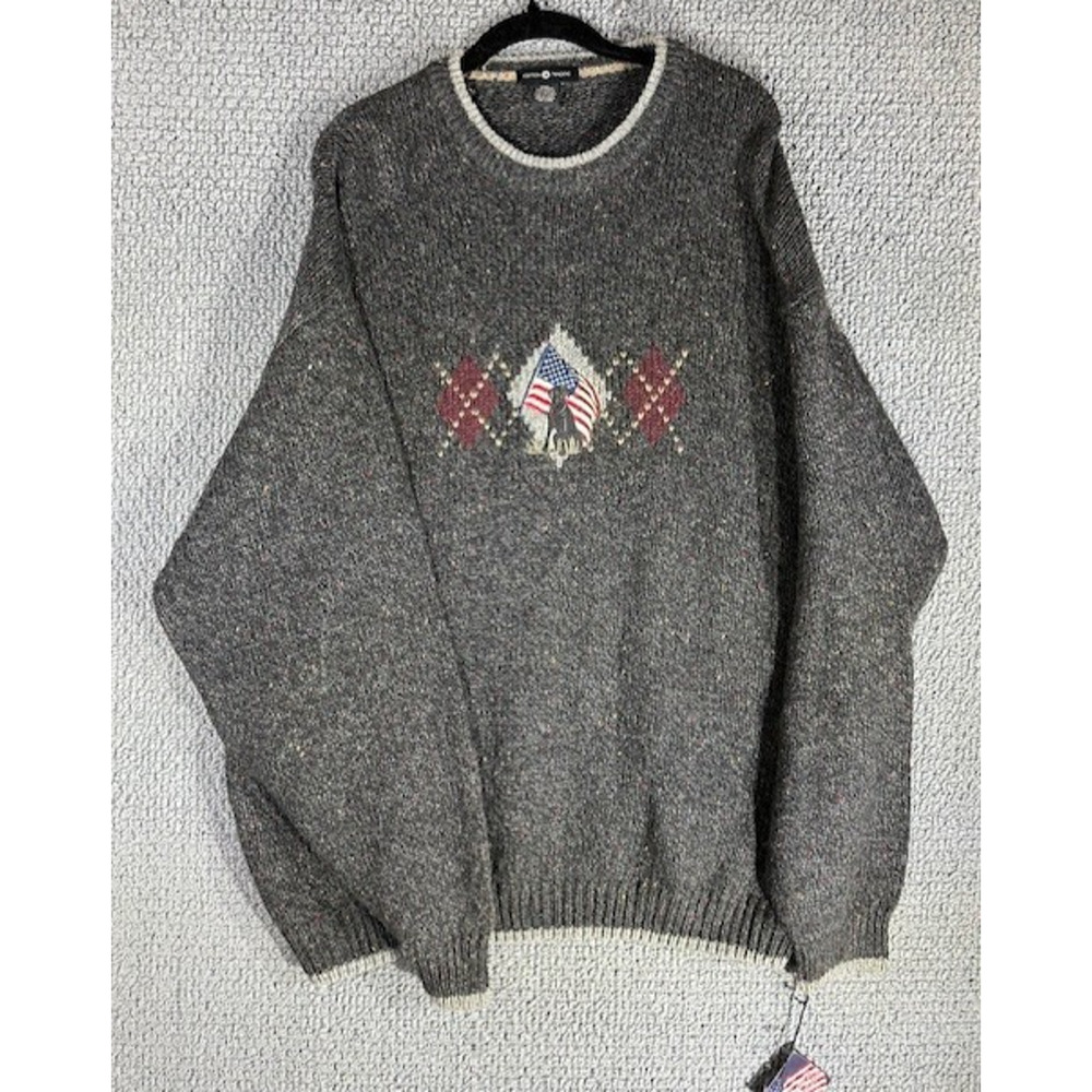 Cotton Traders Sweater Gray USA American Flag Dog Lab Pullover Crewneck/ Men XXL